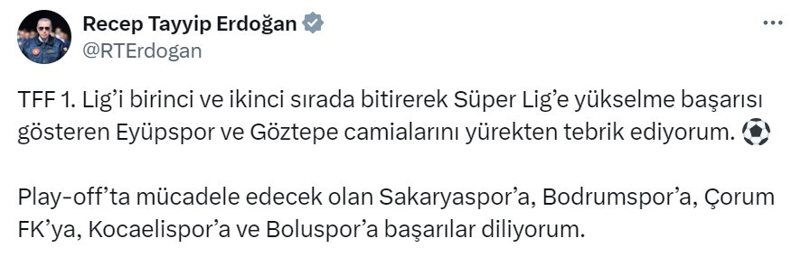 President Erdoğan’s Congratulatory Message
